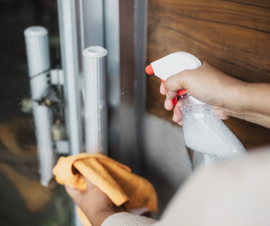 hands holding a spray bottle and a cloth about to clean a sliding door hinges