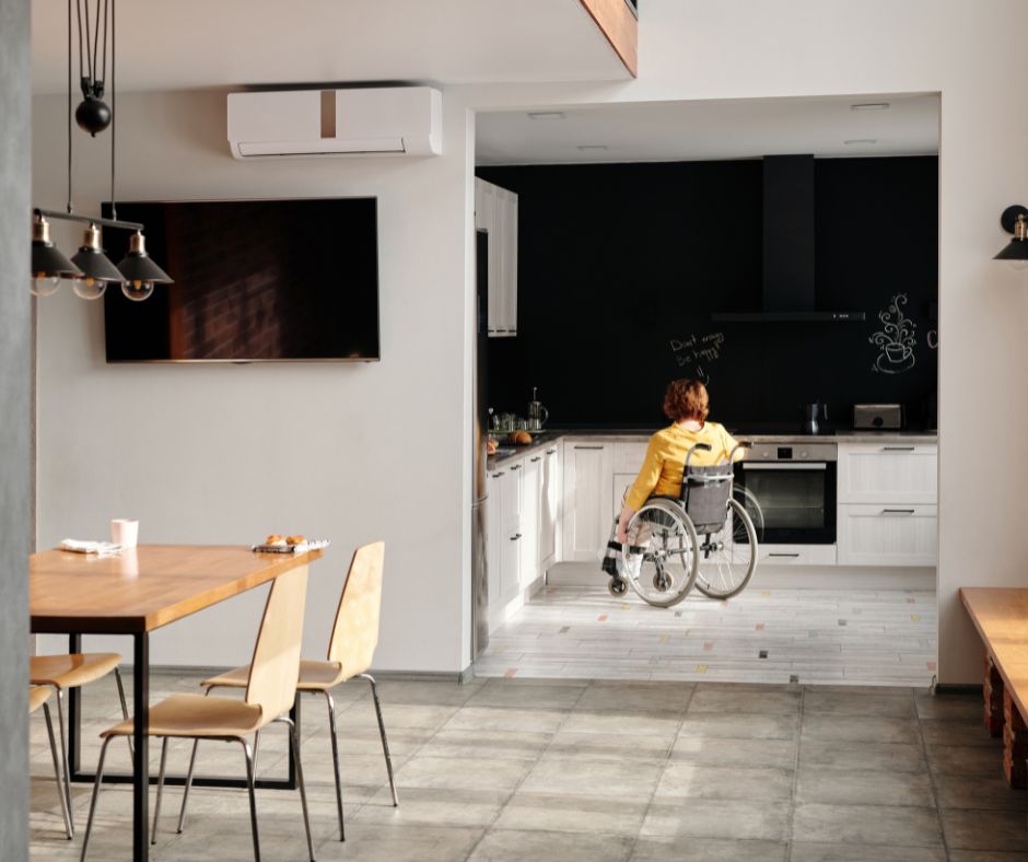 open plan kitchen space with room for a sliding door accessible wheelchair user